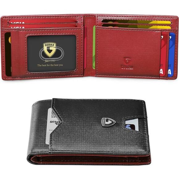 Slim Wallet for Men with 11 card Slots Rfid Blocking Black and Red